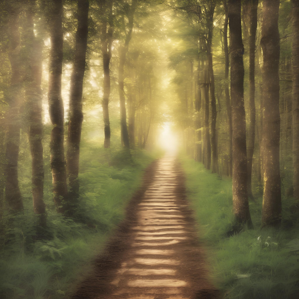 An image created by AI that suggest an imaginative path through a woods